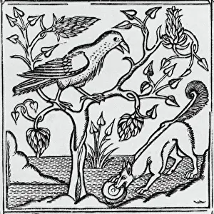 Drucke von Der Fuchs und der Kräher.Aesops Fabel.Datum: 15.Jahrhundert Äsop Drucke: Der Fuchs und der Kräher