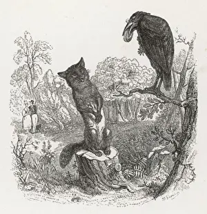 Drucke von Der clever Fuchs kann den Vogel mit dem Eifer dazu bringen, das Käse von seinem Beifall abzustreifen, indem er ihm vorgibt, dass sie nicht singen kann Äsop Drucke: Der Fuchs und der Käfer
