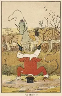 Victorian Era Horse Riding Drucke: Fox hunter is thrown and falls on his head