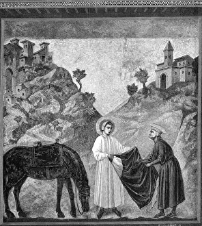 Drucke von Heiliger Franz von Assisi legt sein Mantel ab und gibt ihn einem Armenmann. Datum: 1182 bis 1226 Assisi Drucke: Armer Mann und Franziskus