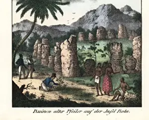Friedrich Wilhelm Goedsche Prints Drucke: French explorers at ancient Chamorro stone