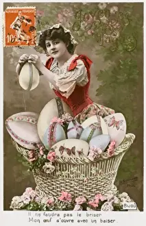 Decorated Eggs Drucke: French lady with a basket of large Easter eggs