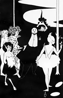 Drucke von Entwurf für eine Frontispiz zum Theaterstück von John Davidson durch Aubrey Beardsley, mit Karikaturen von Sir Augustus Harris Aubrey Beardsley Drucke: Vorderseite zu Stücken von John Davidson von Aubrey Beardsley.