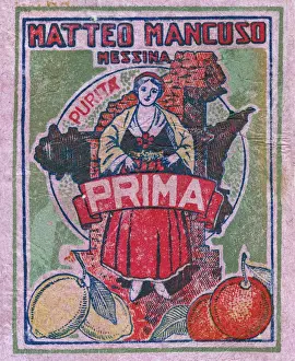 Drucke von Obere Fruchtetikett - Orangen und Limetten von Matteo Mancuso, Messina, Sizilien, hohe Qualität. Darstellt eine Frau im traditionellen Kleidung. Datum: 20.Jh Messina Drucke: Obwohl-etikett - Orangen und Limetten