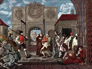 Drucke von Wilhelm Hoggart (1697-1764). Britischer Künstler, Radierer und Illustrator sowie Satiristiker Maler der Gate of Calais Etching von Hogarth Radierung Die iberoische Illustration 1888 gefärbt William Hogarth Drucke: Die Tore von Kalkett, Radierung von William Hogarth (1697–1764)