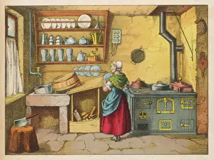 Drucke von Eine Magd im einfachen Küchen mit Ofen, Spüle und Regalen sowie einem Schneidebrett und einer Badewanne Küche Drucke: Deutsche Küche