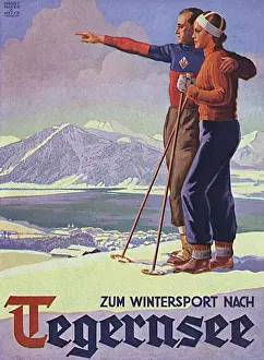 Drucke von Ein deutsches Paar ist zum Tegernsee gekommen, um die Winter Sports zu genießen. Datum: 1930er Jahre Poster Drucke: Deutscher Skilafettzettel