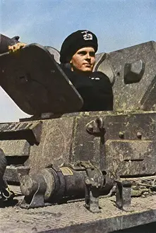 Drucke von Der Befehlshaber einer deutschen Panzerkraft im Einsatz bei der Panzertruppe, Datum: 1941 Historische Ereignisse Drucke: Deutscher Panzerkommandant