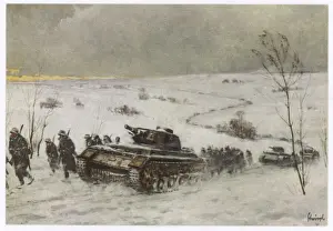 Drucke von Ein deutsches Panzerkolonnal gegen Infanterie vorrückt in Russland Panzer Und Gepanzerte Fahrzeuge Drucke: Deutsche Panzer vorrücken