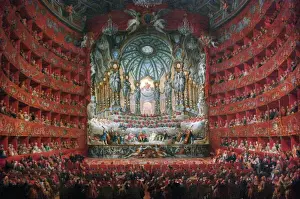Drucke von Giovanni Paolo Panini (1691-1765). Italienischer Maler. Musikalische Veranstaltung durch Kardinal de la Rochefoucauld im Argentinischen Theater in Rom im Jahr 1747. Musée du Louvre, Paris, Frankreich Südamerikanische Kunstdrucke: Giovanni Paolo Panini (1691-1765). Musikalische Feier von Ca