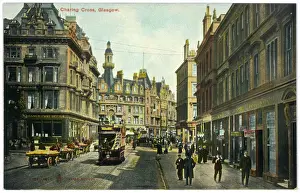 Drucke von Ein elektrischer Tramway schreitet entlang von Charing Cross vorbei an einer Reihe von Obstkarren Glasgow Drucke: Die Straßenlandschaft von Glasgow