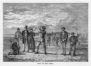 Drucke von Ein Golfer bereitet sich auf das Treffen des Balls vor während eines Rundes am alten Golfplatz in St. Andrews, Schottland Fife Drucke: Golf am St Andrews 1881