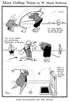 Drucke von Einige Vorschläge für den Anfänger. Illustrationen, die verschiedene Geräte zur Unterstützung golfbezogener Fähigkeiten zeigen Willkommen in der skurrilen und wundervoll erfinderischen Welt von William Heath Robinson: Weitere Golfnotizen von William Heath Robinson.