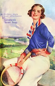 Drucke von Ein Anzeige für das Toilettenseif von Goodwin, mit einer lächelnden jungen Frau die ein Tennis-Racket hält. 1937 - 1938 Badezimmer Drucke: Gutes Toilettenschaum von Goodwin aus den 1930er Jahren