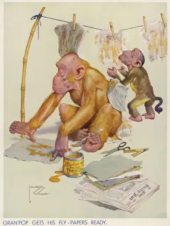 Humorous Historical Illustrations Drucke: Gran pop Gets his Fly-Papers Ready