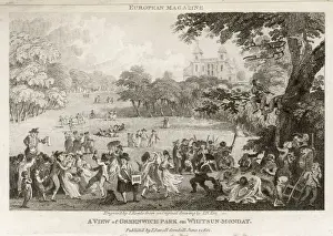 Drucke von Freizeit und Spiele im Greenwitch-Park am Whitsontag - ein Bankfeiertagsgeschenk : Picknicken, Tanzen zu einem Holzorgan spielen Gamespielen und den Tag in vollen Zügen genießen Datum: 1802 Greenwich-Park Drucke: Grünichs-Park 1802