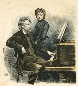 Drucke von EDVARD HAGERUP GRIEG mit seiner Frau im Jahr 1886. Datum: 1843-1907 Norwegen Drucke: Grieg und seine Frau