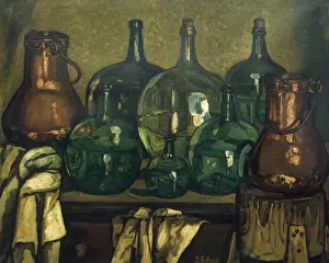 Drucke von Gutierrez Solana, José (1886-1945). Stille Leben mit Flasche. 1927. Moderne Kunst. Ölfeder auf Leinwand im Privatbesitz Zeitgenössische Kunst Drucke: José Luis Gutiérrez Solana, Stillleben mit Flasche