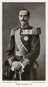 Drucke von HAKON SEVEN König von Norwegen (1905-1957); ehemaliger Prinz Karl von Dänemark, Sohn des Friedrich VIII Dänemark Drucke: Haakon VII, Norwegen, Andersen