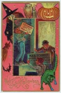 Drucke von Eine Haloween-Witch bietet geeignete Kleidung an und der Schmied liefert passende Speisen Halloween-Plakate: Zoll/Allerheiligen