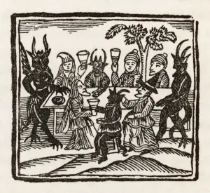 Drucke von Essen mit Dämonen – Hexen zu einem Sabbat zusammenkommen, um sich zum Abendessen mit dem Teufel und seinen Begleitern zu treffen Halloween-Plakate: Essen bei Sabbat
