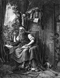 Drucke von Hans Sachs Deutscher Schuhmacher aus Nürnberg, Dichter und Meistergesangler, Autor von mehr als 6000 Werken; er unterstützte Luther und die Reformation. Datum: 1494-1576 Hans Sachs Drucke: Hans Sachs am Werk