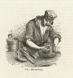 Drucke von Ein Londner Hutmacher blockiert einen Gentleman's Top-Hut. Der Körper des Huts besteht aus Füchshäuten und ist mit Beutehäuten überzogen; die Form folgt der Mode des Tages Biber Drucke: Schneider um 1850