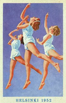 Drucke von Drei weibliche Turnerinnen wurden als Grundlage für eine Werbegarde zur Verwendung bei den Olympischen Spielen von Helsinki im Jahr 1952 genommen. Datum: 1952 Finnland Drucke: Helsinguer Olympische Spiele - Turnerinnen und Turner