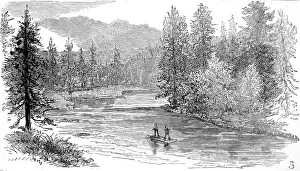 Drucke von Ein Stichwerkzeug zeigt einige Männer bei der Fliegenfischerei für Lachs im Kanu am Henry's Fork des Snake Rivers im Yellowstone-Nationalpark 1883 USA Kulturerbestätten Drucke: Hennys Fissur, Fluss des Schlangenflusses in Gelbensteinprovinz (geändert)