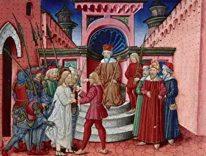 Jesus Christ In Art Drucke: Herod interrogates Jesus. Codex of Predis (1476). Italy