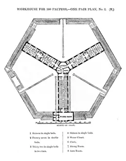 Victorian Era Poverty Relief Drucke: Hexagonal workhouse, first floor plan