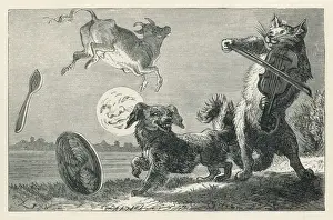 Drucke von Hallo, der Katze und dem Geigeleiter war die Kuh über den Mond gesprungen. Der kleine Hund lachte zu sehen so viel Spielzeug. Und das Geschirr lief mit dem Löffel weg Rinder Drucke: Hey Diddeliddy, der Katze und dem Fiedel
