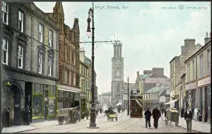 Drucke von Der Hauptstraße in Ayr mit einem Straßenbahnen und einem Pferdekutschen und eines Pferdekarren und einer Handlieferwagen Verwandte Bilder Drucke: Zentrale Straße, Ayr