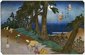 Drucke von Wiedergabe eines Holzschnitts von Andō Hiroshige (1797–1858), mit dem Titel 'Mochizuki. Mondlicht'. Datum: um frühes 19. Jahrhundert Ando Hiroshige Drucke: Hiroshige Holzstechung - Mochizuki: Mondlicht