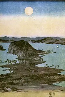 Drucke von Wiedergabe eines Holzschnitts von Ando Hiroshige (1797-1858), mit dem Titel 'Vollmond in Kanazawa'. Datum: um frühes 19. Jahrhundert Ando Hiroshige Drucke: Holzstich von Hiroshige - Vollmond über Kanazawa