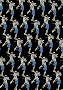 Drucke von Wiederholtes Muster – Kunst-Deco-Frau mit schwarzem Hintergrund Abstrakte Kunst Drucke: Wiederholtes Muster - Kunst im Stil der 1920er Jahre, eine Frau in einem Art-Déco-Stil