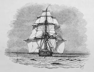 Drucke von Die HMS Beagle unter Delfinen, Forschungsschiff von Charles Darwin Charles Darwin Drucke: Die HMS Beagle/Darwin's Schiff