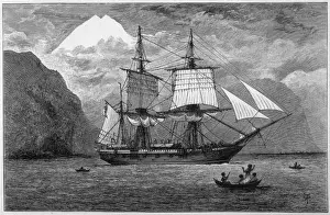 Drucke von Die HMS Beagle, die Schiff auf dem welchen Karl Darwin segelte, im Fjord der Magellanschären Charles Darwin Drucke: Die HMS Beagle/Darwin's Schiff