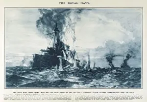 Drucke von HMS Good Hope der britischen Royal Navy untergeht mit ihren letzten Geschossen feuern, während einer Aktion gegen überwältigende Chancen vor der Küste von Chile Südamerika Südamerikanische Kunstdrucke: Die HMS Good Hope im Ersten Weltkrieg