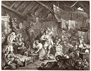 Drucke von Gangschauspielerinnen im Stall Kleidung, die einen Rechtsloch ausnutzte, das es Schauspielern verbboten, außerhalb Londons ohne Lizenz zu agieren Art Drucke: Barn der Hogarth-Schauspielerinnen