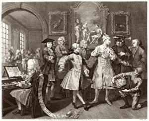 Drucke von Die Fortschritte von The Rakes umgebenen zwei Hoggarts-Rakke, die von gefeierten Künstlern und Professoren umgeben sind William Hogarth Drucke: Hogarths Platteplatz 2