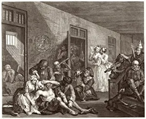 Drucke von Die Rake's Progress, Nr. 8 Eine Szene im psychiatrischen Krankenhaus Bedlam William Hogarth Drucke: Hogarth, Rakerplatte Nr. 8