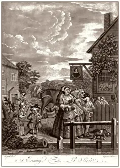 Drucke von Hogarth, Viermal des Tages, 3. Abend Die ursprüngliche Sadlers Wells Theatre-Bauscheibe ist links zu sehen. Ein Rind wird gemolken und deutet darauf hin, dass es sich um fünf Uhr abends handelt William Hogarth Drucke: Hogarths Vier Zeiten des Tages Abend
