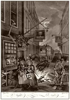 Drucke von Hogarth, Vier Zeiten des Tages, 4. Nacht. In einer engen Gasse zum Charing Cross führt ein Reitstuhl mit einem Statuens von Karl I Art Drucke: Hogarths Vier Zeiten des Tages und der Nacht