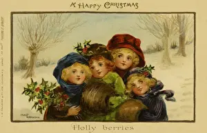Snowy Winter Scene Art Drucke: Holly berries