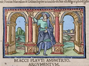 Drucke von Titus Maccius Plautus (* 250 - * 184) lateinischer Dramatiker . Der Gastgeber (Amphitryon). Kupferstich . Akt I. Ausgabe von 1518. Farbig Tizian Drucke: Die Gastgeberin von Titus Maccius Plautus, Akt I., 1518, gefärbt