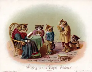 Fünf menschenähnliche Katzen auf einem Weihnachtscard