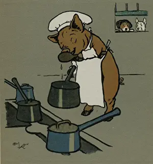 Drucke von HungerPeter der Schwein kocht für eine Party, wird durch das Fenster von den wilden Hunden Rags und Forager überwacht, die besorgt sind, dass sie nicht eingeladen werden. Datum: 1914 Küche Drucke: Hungeriger Peter der Schwein kocht für eine Party