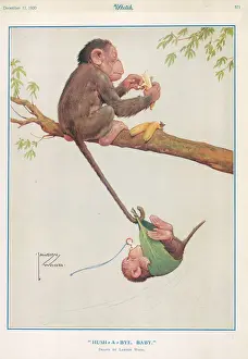Drucke von Ein farbenfrohes Zeichnerbild von Künstlerin Lawson Wood zeigt einen Affen, der mit seinem Schwanz seinen Baby zu schaukeln versucht Schlafzimmer Drucke: Husaby-Bibi von Lawson Wood