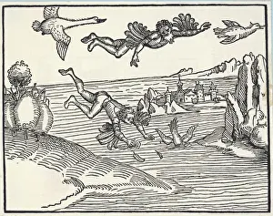 Drucke von Ikaros und Daedal fliegen zusammen, dann stürzt Ikaros vom Himmel herab als der Sonne seine Flügel schmelzen Daedalus Drucke: Ikarus von Dürer, 1493